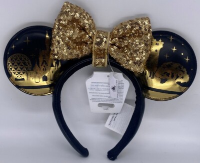Disney 4 Parks Icon WDW Minnie Mouse Black Gold Detachable Bow Ears Headband-image