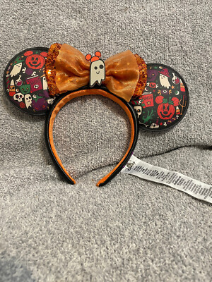Disney Parks Minnie Mouse Ears Ghost Sequin Bow Headband Pumpkin Halloween-image