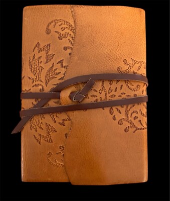 Handmade Stenciled Brown  Leather Bound Journal, Lined Recycled Paper, 8.5”x6”-image