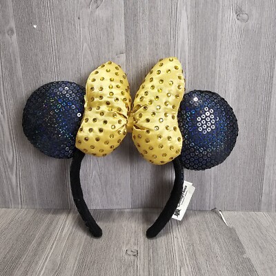 Disney Headband Gold Bow Navy Blue Minnie Mouse Ears Sequin Authentic-image