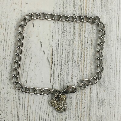 Walt Disney World Parks Silver Tone Charm Bracelet Mickey Head Crystal Authentic-image