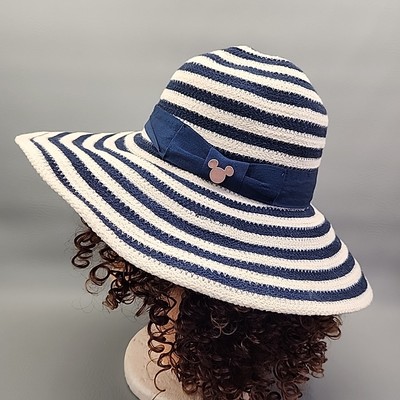 Wide Brim Hat Disney Parks Womens Mickey Mouse Floppy Sun Beach Tan Blue Striped-image