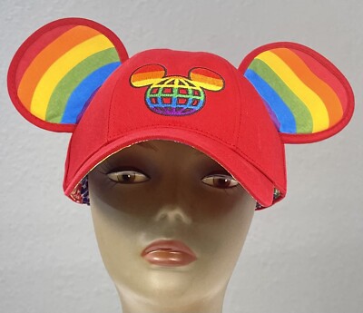 WALT DISNEY WORLD Red Rainbow LGBTQ Pride Mickey Ear Adult BASEBALL CAP NWT Flaw-image