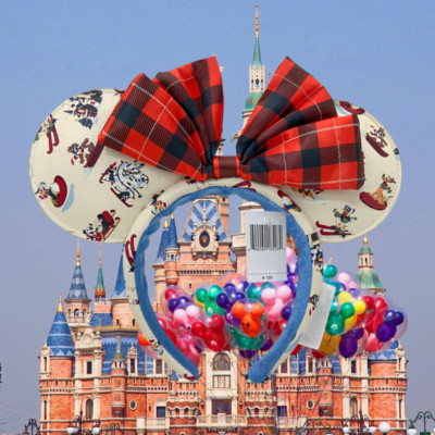 DisneyParks Christmas Lodge Snow Minnie Ears Red White Grids Bow Headband-image
