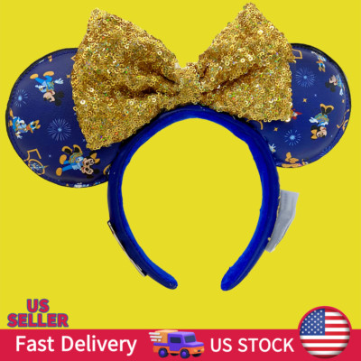Disney Parks Gold Sequins Bow  Headwear Minnie Mouse Ears Blue Headband  Mickey-image
