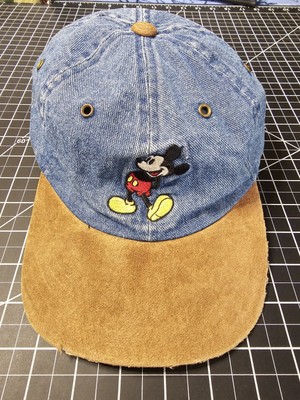 VINTAGE 90's MICKEY MOUSE DENIM WALT DISNEY WORLD SUEDE BRIM ADJUST SLIDE HAT-image
