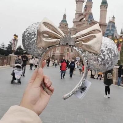 Disney~Park Mickey Mouse Sequin Minnie Ears Castle Jewelry Bow Silver Headband-image