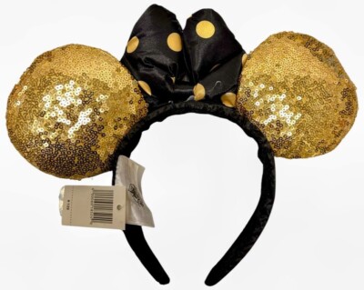 Disney Parks Minnie Mouse Ears Bow Black Gold Sequin Headband US Free Fast Ship-image
