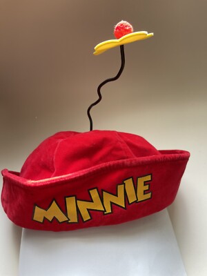 Vintage Minnie Mouse Adult Hat Walt Disney World Red Velvet Cap Yellow Flower-image