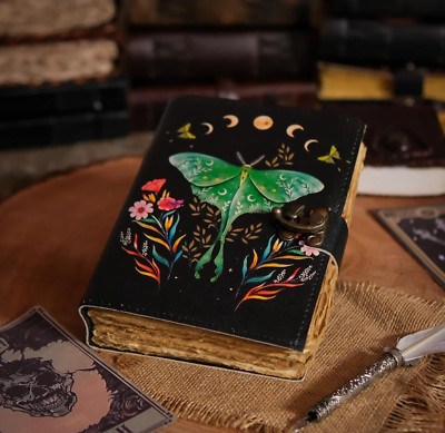 Book of Shadows Journal with Lock Clasp Vintage Handmade Leather Luna Moth 7x5-image