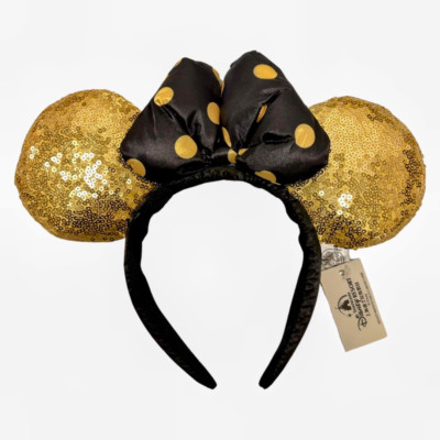 Disney Parks Black Gold Polka Dot Minnie Mouse Bow Sequins Ears Headband Ears-image