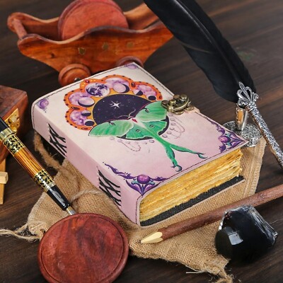 Book of Shadows Journal with Lock Clasp Vintage Handmade Leather Luna Moth 8X6-image