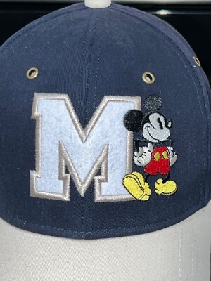 Disney Parks Adult Hat Navy Blue w/Gray Felt M Cream Embroidery Mickey Mouse EUC-image