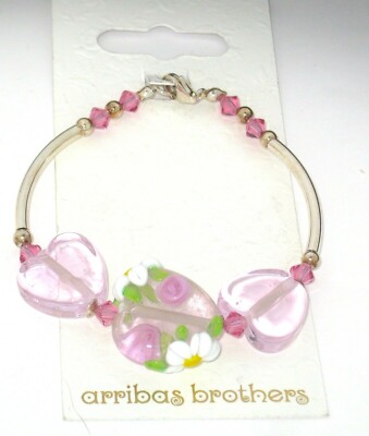 Disney Park Arribas Bros Bracelet .925 Sterling Silver Hand Lampwork Glass Heart-image