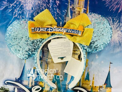 2024 Disney Parks Walt Disney World Entrance Sign Blue Glitter Ears Headband New-image