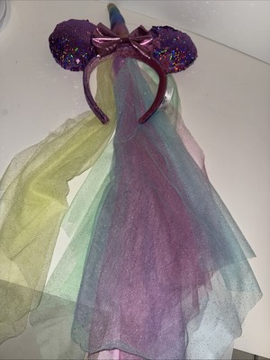 Disney Parks Minnie Mouse Unicorn Pink Sequin rainbow tulle  Veil Ears Headband-image