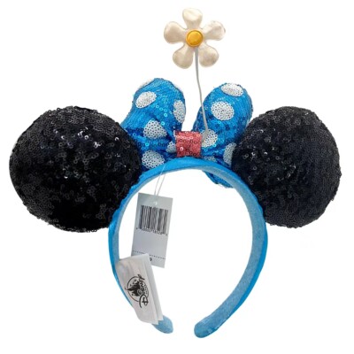 Disney Parks Ears Teal Polka Dot Minnie Ear Sequin Headband Hat with Flower-image