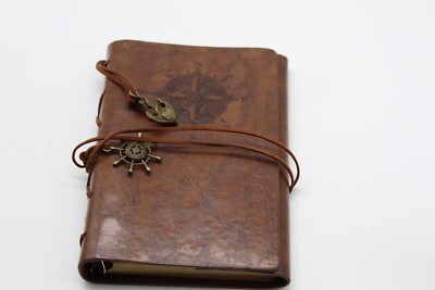 Brown Leather Bound Ringed Embossed Travel Journal with Compass and Anchor Charm-image