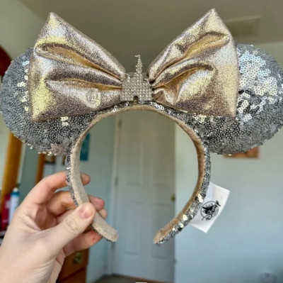 Sequins Minnie Ears Disney Parks Castle Jewel Silver Mickey Mouse Bow Headband-image
