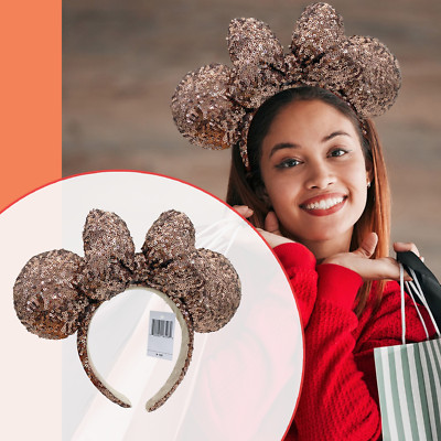 Disney^Parks Brown Minnie Mouse Sequins cute Mickey limited  Ribbon Headband Ear-image