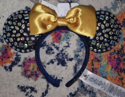 NEW Disney WDW 50th Anniversary Gold Bow Navy Faux Gems Minnie Headband Ears NWT-image
