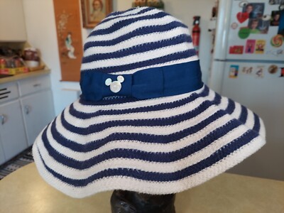 Disney Parks Mickey Mouse Floppy Sun Hat Wide Brim Beach Blue Striped Summer-image