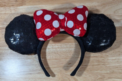 Disney Parks Black Minnie Mouse Ears White Polka Dot Sequin Red Bow Headband-image