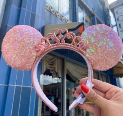 Minnie Mouse Tiara Princess Crown Ears Disney Parks Pink Sequin Rare-image