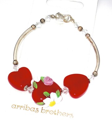 Disney Park Arribas Bros Bracelet .925 Sterling Silver Hand Lampwork Glass Heart-image