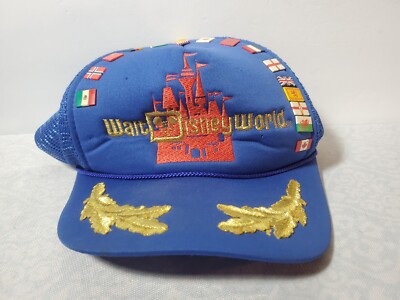 Vtg 80's Walt Disney World Hat Blue Mesh Snapback Trucker Gold Leaf Scramble egg-image