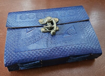 Beautiful Small Blue Embossed Leather Bound Journal Kraft Paper with Clasp-image