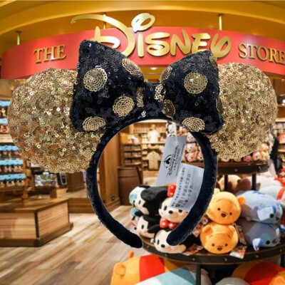 Black Gold Polka Dot Minnie Mouse Bow Sequins Ears Headband Ears DisneyParks USA-image