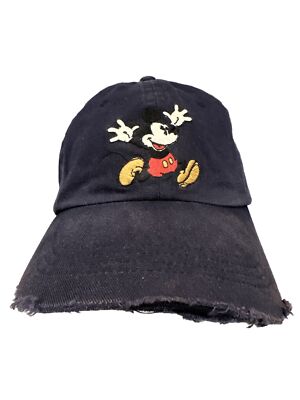 Disney WDW Mickey Mouse Hat cap Navy blue Distressed Leather Strap buckle Cotton-image
