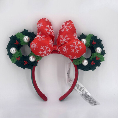 Disney‘Parks Minnie Ears Christmas Pearl Wreath Bow Headband US SHIP-image
