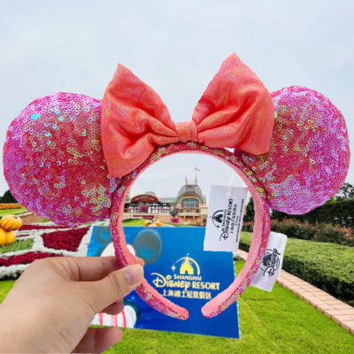 Disney Parks Exclusive Minnie Ear Headband Coral Sparkling Sequins-image