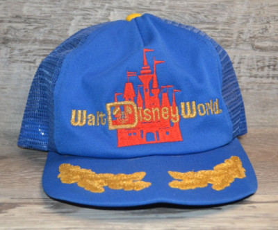 Vintage Walt Disney World 1980s Mesh Snapback Blue Trucker Hat Cap Gold Leaf-image