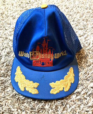 Vintage Walt Disney World Hat Cap Blue Mesh Back Gold Leaf Snapback Trucker Hat-image