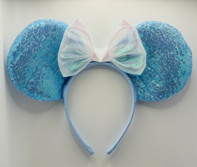 MINNIE MOUSE Disney Pink White Bow & Blue Sequin Ears Headband NEW Free S/H-image
