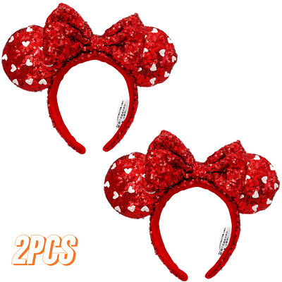 Disney~Parks Mickey Mouse Red Heart Sequin Bow Girl Minnie Ears Headband 2PCS-image