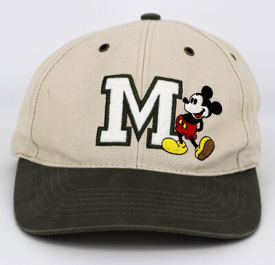 VTG Mickey Mouse Big M Walt Disney World Parks Hat Cap Strapback Green & Khaki-image