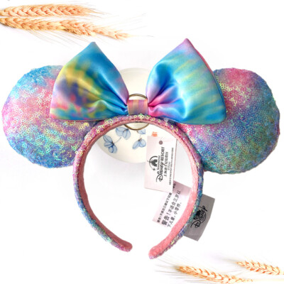 SHDR Sequin Pastel Rainbow Tie Dye Headband Ears Disney Parks Minnie Mouse USA-image