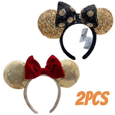 Disney-Parks Rare Red Bow +Black Gold Polka Dot Bow Gold Sequins Mickey Headband-image