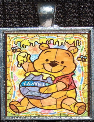 Winnie the Pooh Bear Stained Glass Disneyland WDW Disney Silver Pendant Necklace-image