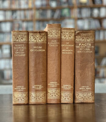 Lot of 5 antique leather AMSCO Nature~Encyclopedia~Facts~Mechanical~Earth~Thes..-image