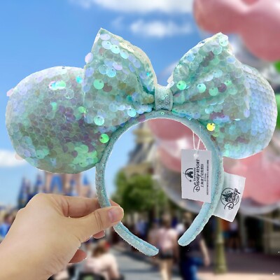 Disney Parks Minnie Ears Headband Shiny Green Sea Sequin Tokyo Disneyland Japan-image