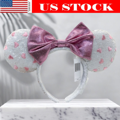 Disney Parks Pink Bow Mickey Mouse Minnie Ears White Heart Sequin Headband US-image