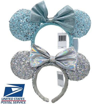 2X Disney Parks Frozen Aqua Blue + Cinderella Mirror Silver Minnie Ears Headband-image