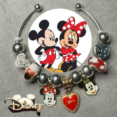MICKEY MINNIE MOUSE Silver Handmade Open Cuff Bangle Charm Bracelet Gift ✨ NEW-image
