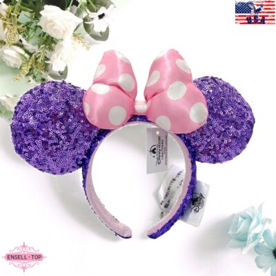Minnie Headband Disney Parks Rare Resort Pink Polka Dot Purple Sequin Ears-image