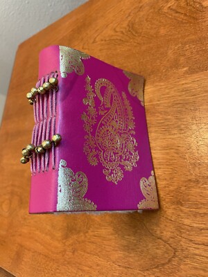 Pink And Gold Journal Notebook Handmade In India Leather Bound With Brass Bells-image